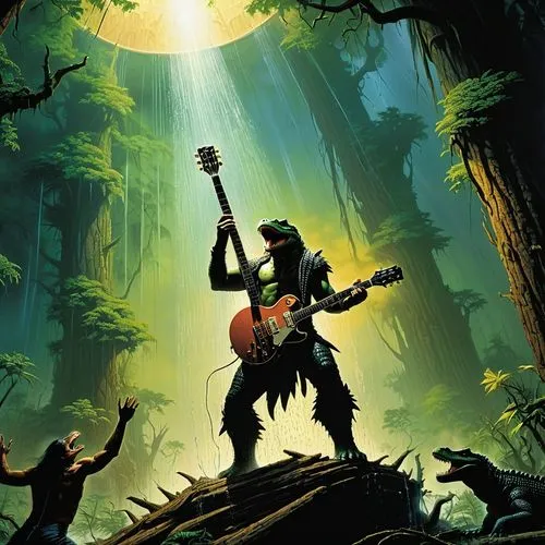 banjo player,dagobah,earthshaker,banjo,guitar player,frog background,forest man,guitar,tarzan,orc,endor,gorillaz,concert guitar,game illustration,troubador,forest workers,tartakovsky,paleobotanist,warrior and orc,ewoks,Illustration,Vector,Vector 19