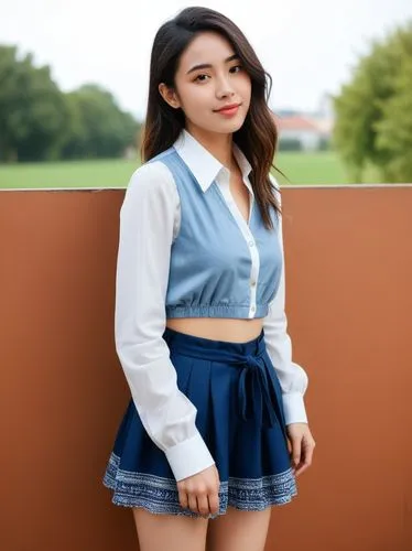 at random,an asian model in blue dress standing by a brown wall,denim skirt,poki,phuquy,dami,girl in overalls,ioi