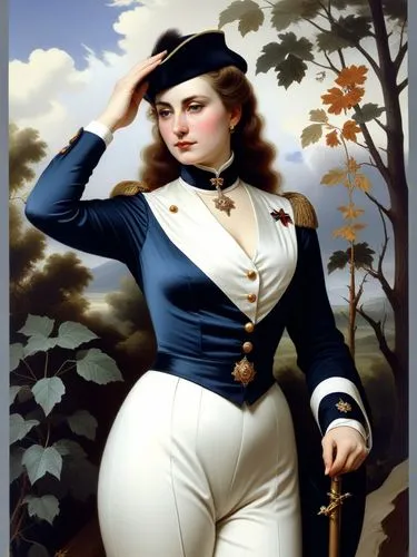 But how does she look like in her dark blue Prussian uniform? Miss Colonel-General Viktoria-Louise von Manteuffel.,a portrait of a woman dressed in period clothing,jodhpurs,napoleon bonaparte,buonapar