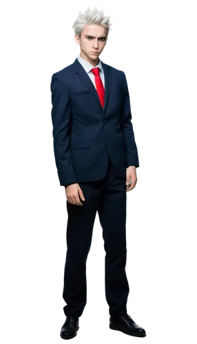 Pexells, anime boy, blue eyes, spiky white hair, serious expression, black school uniform, white shirt, red tie, slim build, standing, dramatic pose, dynamic composition, high contrast lighting, cinem