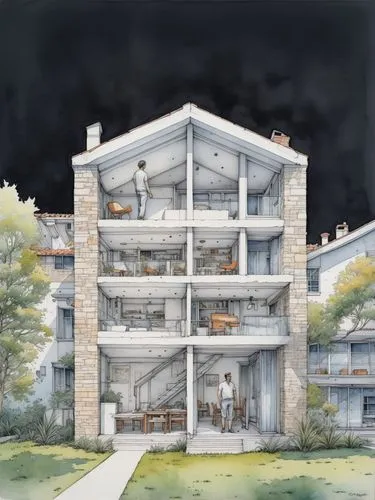 Ultra detailed white Ink and watercolor illustration by Carlo Stanga depicting a Building Information Modeling BIM workflow over a black sheet


,a large multi - family house sits near a sidewalk with