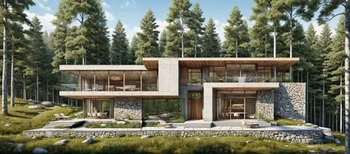 a building with a deck in the middle of it surrounded by trees,modern house,3d rendering,forest house,house in the forest,modern architecture,cubic house,Unique,Design,Blueprint