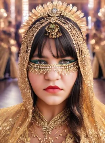 the bride is wearing a gold headdress and a headpiece,asian costume,uzbek,rebana,miss circassian,kazakh,mongolian girl,Photography,Realistic