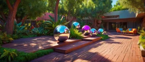 scandia gnomes,3d render,3d rendering,benches,3d rendered,palm garden,pathway,walkway,lowpoly,biopiracy,patios,polyneices,palms,palmtrees,wooden path,virtual landscape,midcentury,palm pasture,autopia,majorelle,Illustration,Realistic Fantasy,Realistic Fantasy 38