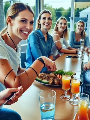 Cheerful get-together of young people.,a group of smiling women eating dinner at a long table,restaurants online,women at cafe,long table,restaurantes,cafeterias,restaurants,Photography,General,Realis