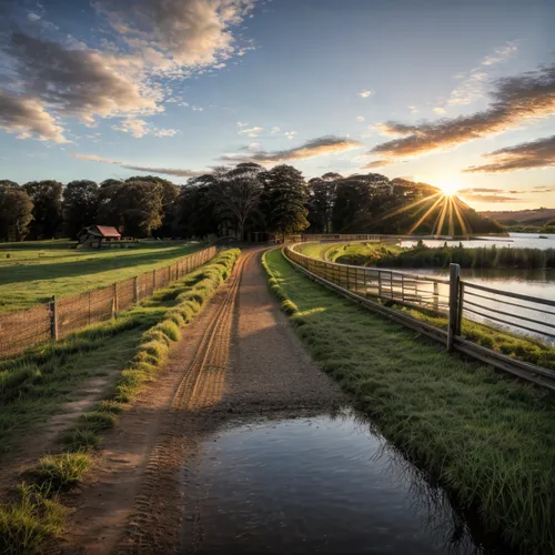 photo inverse left to right, morning scene bright sunshine, fence between track and lake,north baltic canal,landscape photography,polder,dutch landscape,watercourse,flooded pathway,friesland,waterway,