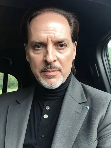 Prince des ténèbres ,a person wearing a gray suit and black shirt in a vehicle,papaconstantinou,cazale,alganov,giotopoulos,sikorski,andrzejewski