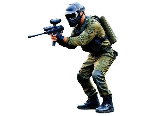 muscular man, sporty, dynamic pose, wearing paintball mask, goggles, helmet, camouflage clothing, combat boots, holding paintball gun, intense expression, sweaty skin, muddy terrain, afternoon sunligh