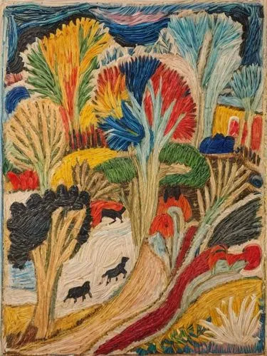 a painting on the wall shows trees, animals and buildings,agricultural scene,farm landscape,stettheimer,agricultural,vegetables landscape,peretz,Common,Common,None