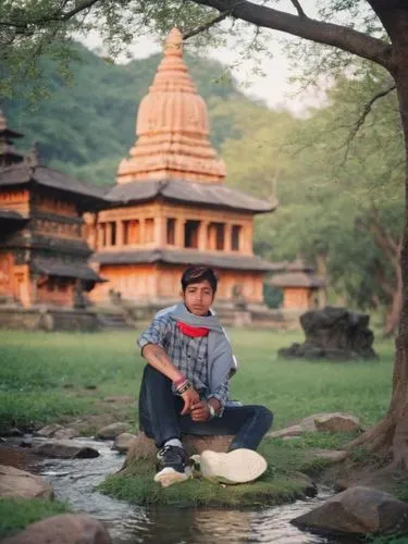 a young man is sitting on rocks in front of a building,aniruddha,dharmakaya,muktananda,pashupatinath,kailasa,dhangadhi