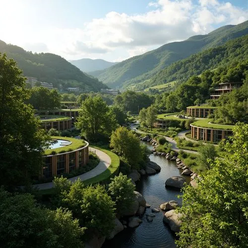 Sweeping hills, lush green forests, winding streams, natural rock formations, eco-friendly buildings, curved lines, organic shapes, living roofs, green walls, solar panels, wind turbines, rainwater ha