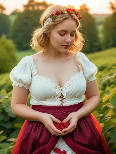 The picture shows a young woman standing in an idyllic natural setting, surrounded by green plants, presumably in a field or garden. The woman is wearing a traditional-looking dress with a white, lace