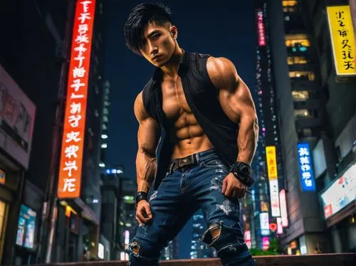 kai yang,male model,janome chow,jin deui,korean,su yan,denims,body building,muscular build,photo session at night,choi kwang-do,bruce lee,muscular,ripped,kai bei,miyeok guk,shredded,han bok,muscle icon,muscled,Illustration,Realistic Fantasy,Realistic Fantasy 08