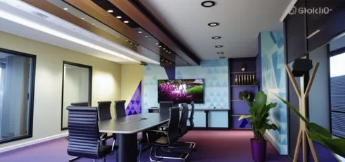 Executive boardroom in a high rise building in the city, beautiful cream white ceiling with black wood detailing and LED strip lights, recess lighting along the edges of the ceiling, black and grey co