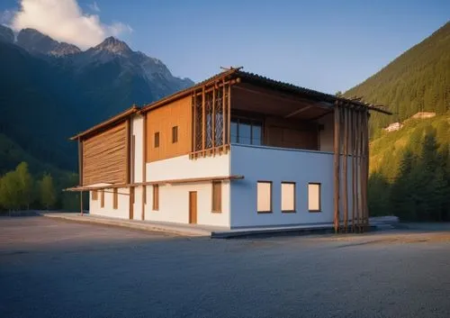 Facade with eastern modern esthetics style . Building in the mountains ,prefabricated buildings,timber house,mountain hut,wooden house,cubic house,chalet,house in mountains,house in the mountains,swis