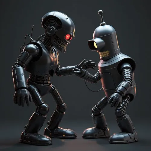 Терминатор против Бендера из футурамы,two robot talking with each other in a dark room,automatons,automata,metal toys,antman,megafight,robocop