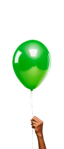 Green balloon, inflated, shiny surface, reflective material, tied with white rope, floating in mid-air, solo, centered composition, soft focus, blurred background, bright green color, semi-transparent