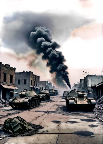 War-torn cityscape, destroyed buildings, ruins, smoke rising, dark clouds, broken streets, abandoned tanks, barbed wire, worn-out boots, scattered helmets, dramatic lighting, cinematic composition, gr