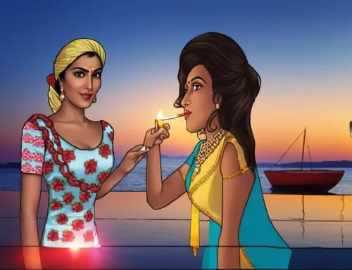 A foreign woman shows the lighter to Renuka Chouhan as Amrita Kumaran holding a classic cigarette lights it in the harbor a boat stands in the backdrop,ahlam,cute cartoon image,lumidee,shobna,meenam,d