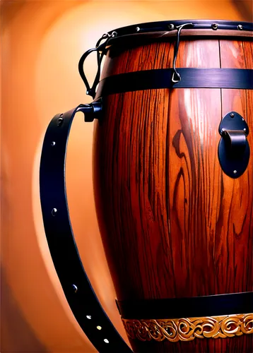 Conga drum, Afro-Cuban rhythm, brown wood grain texture, metal hardware, intricate carvings, worn leather straps, dynamic shading, 3/4 composition, warm golden lighting, shallow depth of field, close-