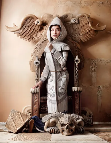 throne,double eagle,bodyguard,Maiden,wood carving,Shy girl