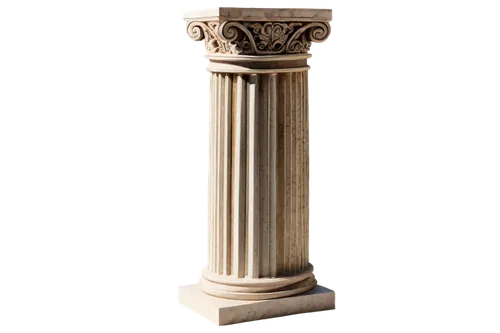 Ancient Greek column, marble material, ornate capital, fluted shaft, pedestal base, detailed carvings, morning sunlight, warm color tone, 3/4 composition, shallow depth of field, cinematic lighting.,d