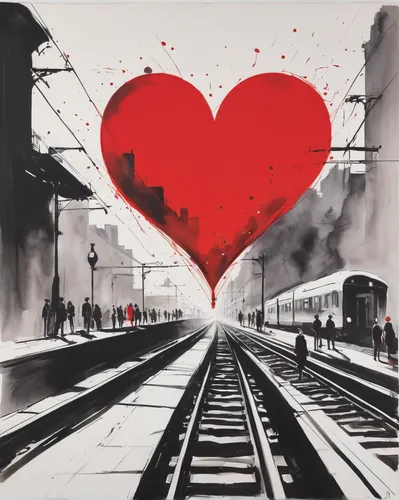 In a bustling city, a mysterious red heart appears on the railway, bringing people together and sparking unexpected connections.,red heart on railway,glowing red heart on railway,red and blue heart on