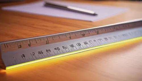 Ruler, architectural instrument, metal material, straight edge, precise measurement markings, ergonomic handle, wooden desk, modern office, fluorescent lighting, 3/4 composition, shallow depth of fiel