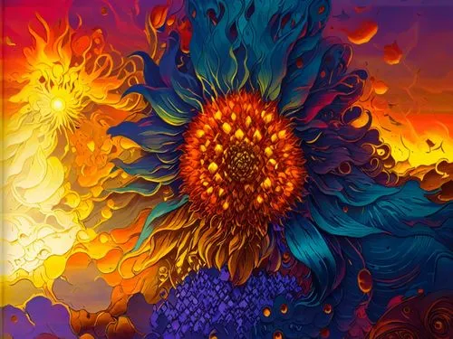 kaleidoscope art,sunflowers in vase,kaleidoscape,solar eruption,fire flower,eruptive,Illustration,Realistic Fantasy,Realistic Fantasy 25