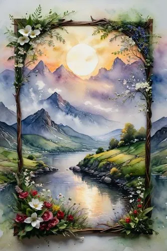 landscape background,watercolour frame,watercolor frame,nature background,watercolor background,meadow landscape,mountain scene,nature landscape,fantasy landscape,mountain landscape,alpine landscape,mirror in the meadow,springtime background,home landscape,landscape nature,floral silhouette frame,decorative frame,frame border illustration,background view nature,nature wallpaper,Photography,General,Fantasy