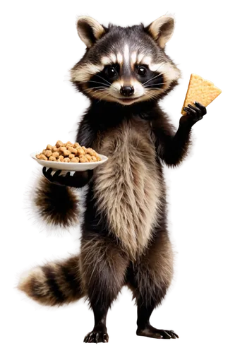 Raccoon, furry animal, cute face, black mask, white forehead, bushy tail, standing on hind legs, holding food in hands, detailed fur texture, soft natural light, 3/4 composition, shallow depth of fiel