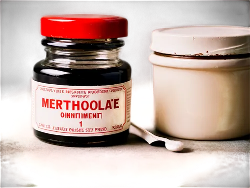 Photograph, Merthiolate ointment, vintage medical theme, old-fashioned glass bottle, rounded shape, white label, red cap, metal lid, 3/4 composition, shallow depth of field, warm color tone, soft focu