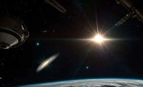 Sci-fi movie scene, what could be causing this anomaly in space?,iss,lens flare,earth in focus,international space station,earth station,orbiting,spacewalk,southern hemisphere,orbital,space station,sp