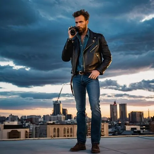 Male photographer, 30s, muscular build, short beard, messy hair, casual clothing, denim jeans, black leather jacket, holding DSLR camera, standing, urban rooftop, modern skyscraper, cityscape, evening