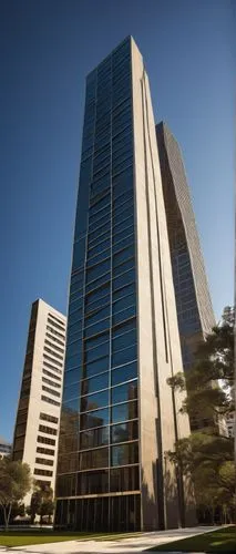 Modern 1960s architecture, sleek skyscraper, geometric shapes, steel beams, glass windows, concrete pillars, urban cityscape, bustling streets, afternoon sun, soft shadows, minimalist landscaping, spa