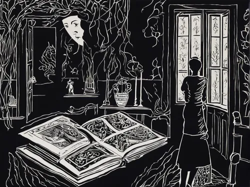 book illustration,the girl studies press,witch's house,apothecary,bell jar,witch house,novels,bay window,bram stoker,books,dark cabinetry,book pages,women's novels,doll's house,sketchbook,a dark room,old books,readers,the books,dandelion hall,Art,Artistic Painting,Artistic Painting 40