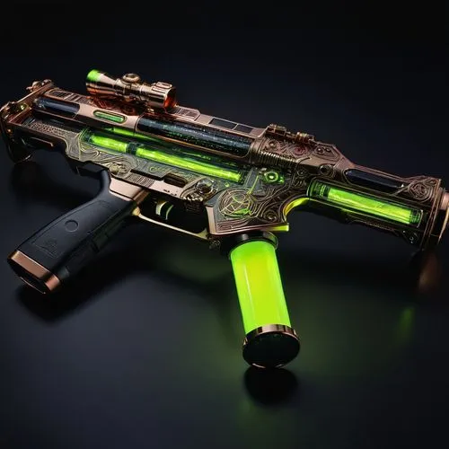 Photorealistic lifelike 4K. With many of its components made of (Obsidian) and Shown in its entirety in rifle-like configuration with sweeping overlapping components and multi-colored led lights with 