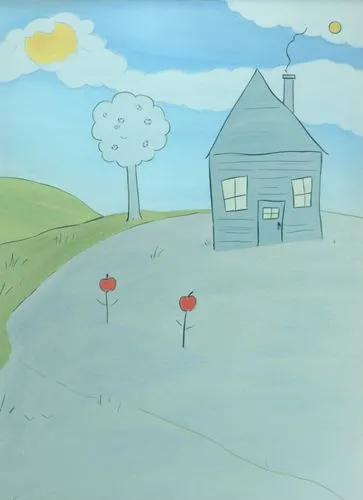 A house on a grassy hill, with a chimney smoking, a cloud in the blue sky, the yellow sun in the to right corner, two stick men outside by the blue river, green tree with red apple. Vibrant colours, l