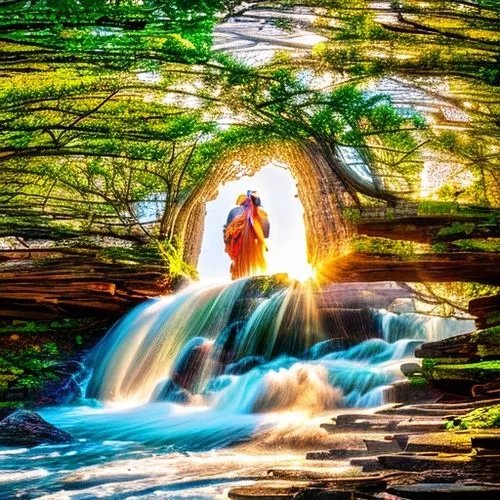 fantasy picture,woman at the well,wishing well,baptism of christ,cave on the water,spiritual environment,magical moment,water fall,water flowing,brown waterfall,magical adventure,mantra om,fairy world