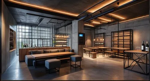 Design the food and beverage space of the wine bar. The walls and pillars are made of concrete, and black iron shelves fill the walls. There are wine bottles on the shelf. Due to the exposed ceiling, 