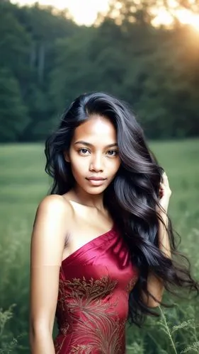 As the sun sets behind a meadow, a young woman with long, flowing slender hair stands tall and proud, her skin crafted with intricate lines and curves. Her skin is a deep, velvety red, its skin woven 