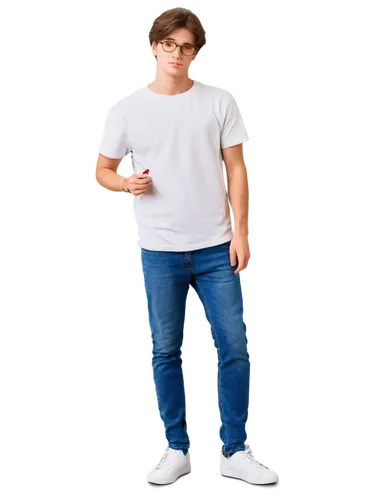 Young adult male, artist, standing, 20yo, messy brown hair, glasses, casual wear, white shirt, blue jeans, sneakers, holding pencil, sketchbook, creative expression, relaxed posture, natural lighting,