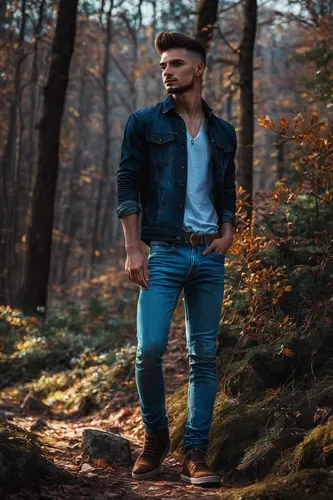 Write a poem inspired by the confidence exuded by someone wearing high jeans.,farmer in the woods,lumberjack,nature and man,forest man,autumn background,in the forest,forest background,male model,fore