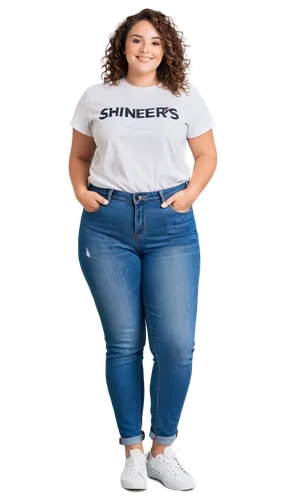 Plus-size woman, logo on chest, casual wear, white t-shirt, jeans, sneakers, relaxed posture, hands in pockets, soft smile, natural makeup, curly brown hair, gentle lighting, 3/4 composition, shallow 