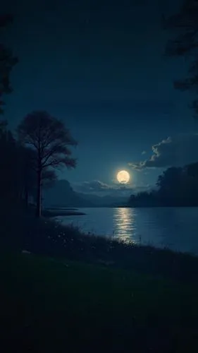 moonlit night,moonlit,moonlight,moonglow,evening lake,moonrise