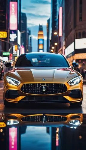 Luxury car, iPhone, sleek design, metallic body, glossy finish, sporty wheels, cityscape, evening time, neon lights, skyscrapers, billboard advertisements, bustling streets, pedestrian crossing, high-