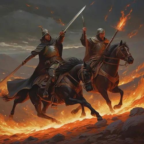 horsemen,fire horse,bronze horseman,cavalry,heroic fantasy,patrol,defense,conquistador,horseman,swordsmen,wall,jousting,burning torch,two-horses,crusader,knight tent,lancers,knight festival,fantasy art,storm troops,Conceptual Art,Oil color,Oil Color 16