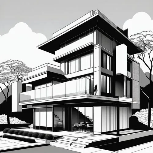 sketchup,revit,3d rendering,modern house,neutra,modern architecture,corbu,cantilevers,house drawing,houses clipart,lasdun,arquitectonica,architect,duplexes,autodesk,mid century house,residential house,residencial,cantilevered,renders,Illustration,Black and White,Black and White 04