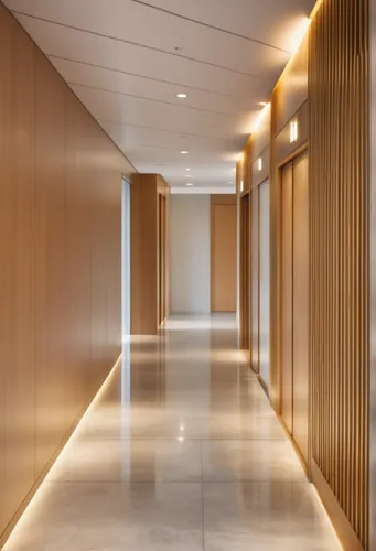 Corridor. Zig Zag ceiling edge with light in marked area. 2 elevator doors in a wood slat wall on the right. beige wall paper on all other walls. white ceiling. beige porcelain floor.,hallway space,ha