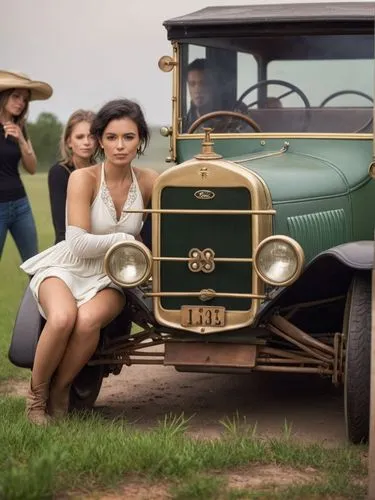 The Ford (Model T) chugs through a Texan landscape, its dark green exterior reflecting the bright sunlight. Mrs. Laura Mayers is at the center of the action. The intricate details of the old car impre